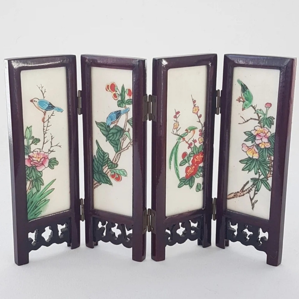 Vintage Chinese Tabletop Screen: Birds & Scenery, Lacquered Wood Frame